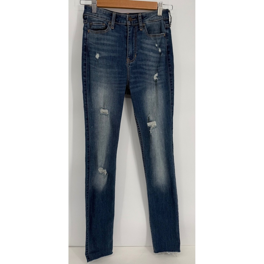 Hollister High Rise Super Skinny Distressed Ripped Jeans Med Wash Sz 1R Raw Hem